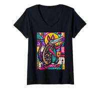 Femme Armadillo à Motifs dans Un Style Audacieux d'art Populaire imprimé Bloc T-Shirt avec Col en V