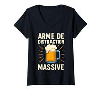 Femme Arme de Distraction Massive Bière Drôle Humour Français T-Shirt avec Col en V