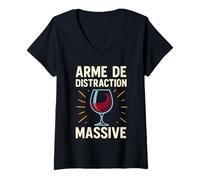 Femme Arme de Distraction Massive Humour drôle Amateur vin Rouge T-Shirt avec Col en V
