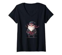 Femme Armes Ninja Cool avec Père Noël dans Le Style de Noël T-Shirt avec Col en V