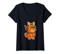 Femme Armure orange du chat samouraï T-Shirt avec Col en V