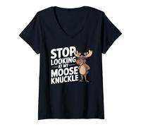 Femme Arrête de Regarder Mon Moose Knuckle Funny Moose Knuckle T-Shirt avec Col en V