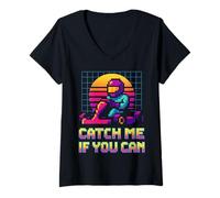 Femme Arrête-moi si tu peux, course de karting rétro Pixel Art T-Shirt avec Col en V