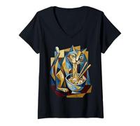 Femme Art Abstrait Chat Mangeant Ramen Musée T-Shirt avec Col en V