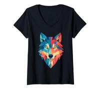 Femme Art animal géométrique arc-en-ciel loup esprit T-Shirt avec Col en V
