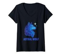 Femme Art Astral Wolf Spirit T-Shirt avec Col en V