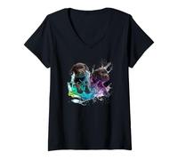 Femme Art aux Yeux Bleus avec éclaboussures d'eau au néon pour Chiots Chocolate Lab T-Shirt avec Col en V