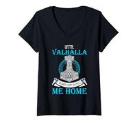 Femme Art avec Citation Viking Until Valhalla Mjolnir Norse Odin T-Shirt avec Col en V