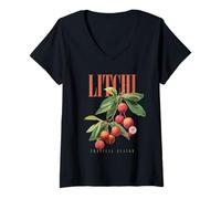 Femme Art botanique de Fruits biologiques de saveur Tropicale Litchi Vintage T-Shirt avec Col en V