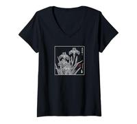 Femme Art botanique Floral Japonais Traditionnel Vintage T-Shirt avec Col en V