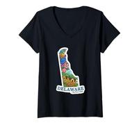 Femme Art Coloré de l'État du Delaware avec Symboles Iconiques T-Shirt avec Col en V