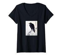 Femme Art Corbeau Japonais - Peinture Traditionnelle au Pinceau à l'encre T-Shirt avec Col en V