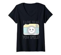 Femme Art de caméra « J'adore Te Voir Sourire » T-Shirt avec Col en V
