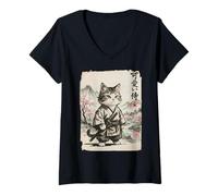 Femme Art de Chat Japonais Vintage Sumi-e Samurai Cool Looking T-Shirt avec Col en V