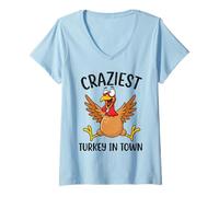 Femme Art de Dessin animé Amusant de Thanksgiving de la Turquie la Plus Folle en Ville T-Shirt avec Col en V