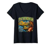 Femme Art de Football rétro Bootleg Bridges Skyline de Pittsburgh T-Shirt avec Col en V
