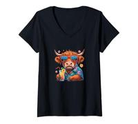 Femme Art de la Faune géométrique orné T-Shirt avec Col en V