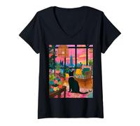 Femme Art de la Jungle Urbaine au Coucher du Soleil avec Chat à New York T-Shirt avec Col en V