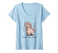 Femme Art de Poney Kawaii Mignon Gallop Smile Repeat T-Shirt avec Col en V