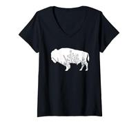 Femme Art de Style Silhouette Animale de Bison, de Buffle, de Fleurs Sauvages T-Shirt avec Col en V