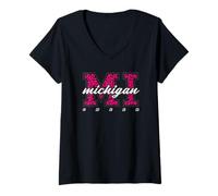 Femme Art d'État rétro en Forme de léopard Rose Michigan Cheer T-Shirt avec Col en V