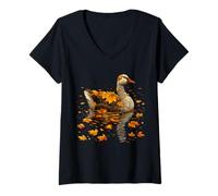 Femme Art d'oie d'automne Cozy Fall Leaves Forest Animal Graphic T-Shirt avec Col en V