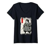Femme Art du Chat samouraï Japonais Bushi Ukiyo-e Cat Warrior T-Shirt avec Col en V