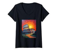Femme Art du Colisée de Rome dans Le Style Audacieux de Van Gogh Coucher de Soleil T-Shirt avec Col en V