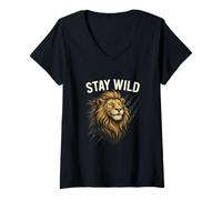 Femme Art du Lion majestueux Stay Wild T-Shirt avec Col en V