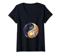 Femme Art du Loup Yin Yang T-Shirt avec Col en V