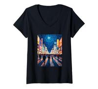 Femme Art en Forme de Tourbillon de la traversée Nocturne de Tokyo T-Shirt avec Col en V