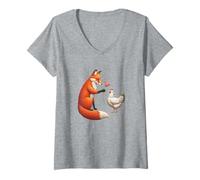 Femme Art fantaisiste Renard et Poule Prairie T-Shirt avec Col en V