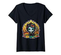 Femme Art Fantastique en Forme de crâne de Sucre de Style Gothique Pastel T-Shirt avec Col en V