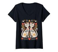 Femme Art Folklorique scandinave Chats célestes étoiles lunes mystiques T-Shirt avec Col en V