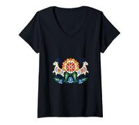 Femme Art Folklorique Twin Goats Mountain Flower T-Shirt avec Col en V