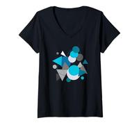 Femme Art Géométrique Abstrait - Design Moderne Bleu & Gris T-Shirt avec Col en V