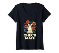 Femme Art Graphique Amusant Check Mate Chess Flower T-Shirt avec Col en V