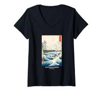Femme Art Graphique Hiroshige Sea PAPL2967 T-Shirt avec Col en V