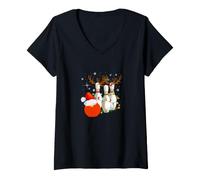Femme Art Graphique vectoriel Festif Père Noël et Bois de Renne T-Shirt avec Col en V