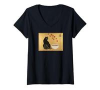 Femme Art Japonais Chat Ramen Neko Kanji Esthétique T-Shirt avec Col en V