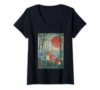 Femme Art Japonais Fox Spirit Bamboo Forest Sunset Art T-Shirt avec Col en V