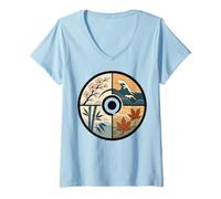 Femme Art Japonais Nature Seasons Cercle Vague Bambou Art T-Shirt avec Col en V