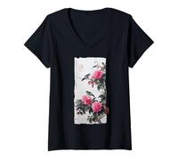Femme Art Japonais Oiseaux sur Branche de Fleurs de camélia Vintage T-Shirt avec Col en V