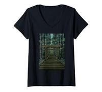 Femme Art Japonais Torii Gate Forest Wood Block Art T-Shirt avec Col en V
