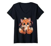 Femme Art Kawaii Kitsune Japonais Folklore Mythique Tradition T-Shirt avec Col en V