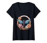 Femme Art Libellule avec Harmonie Florale T-Shirt avec Col en V
