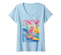 Femme Art Minimaliste Squelette Surfeur sur Vague et Coucher de Soleil T-Shirt avec Col en V