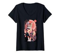 Femme Art Moderne Abstrait géométrique calicot Chat rétro T-Shirt avec Col en V