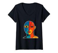 Femme Art Moderne cubiste Visage Abstrait T-Shirt avec Col en V