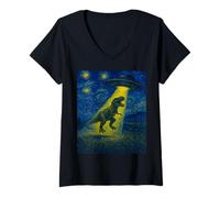 Femme Art Moderne drôle T-Rex enlevé par des extraterrestres UFO Design T-Shirt avec Col en V